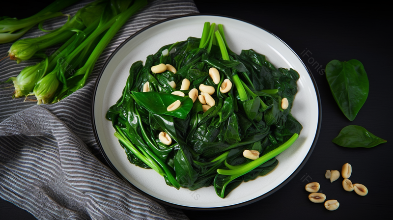 新鲜食物莲子炒菠菜蔬菜青菜摄影,高清,摄影图,摄影图片,图片大全,摄影图免费下载